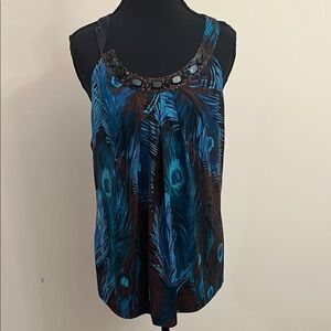 Cache Blue and Brown Beaded-Neck Tank Top